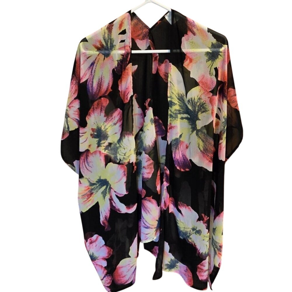 Black Bead Black Floral Kimono Cover Up Fits S-XL  EUC